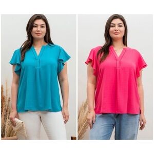 Women's V-Neck Flutter Sleeve Top - Blue or Pink